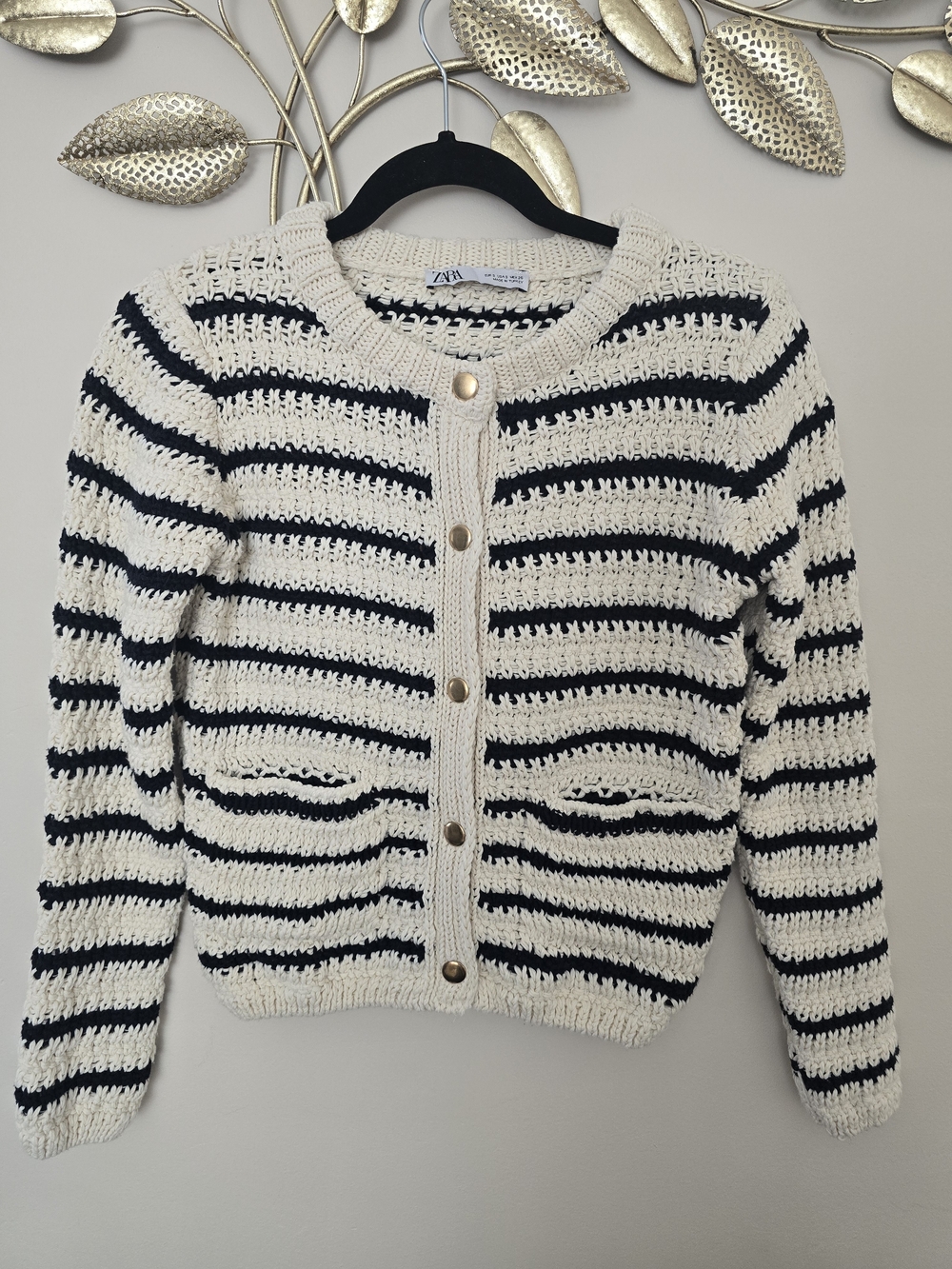 Zara Cream and Navy Striped Open-Knit Cardigan with Gold Buttons Size S